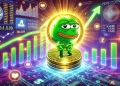 showcasing Pepe Coin is rapid growth in the cryptocurrency market. The design features the iconic Pepe frog sy