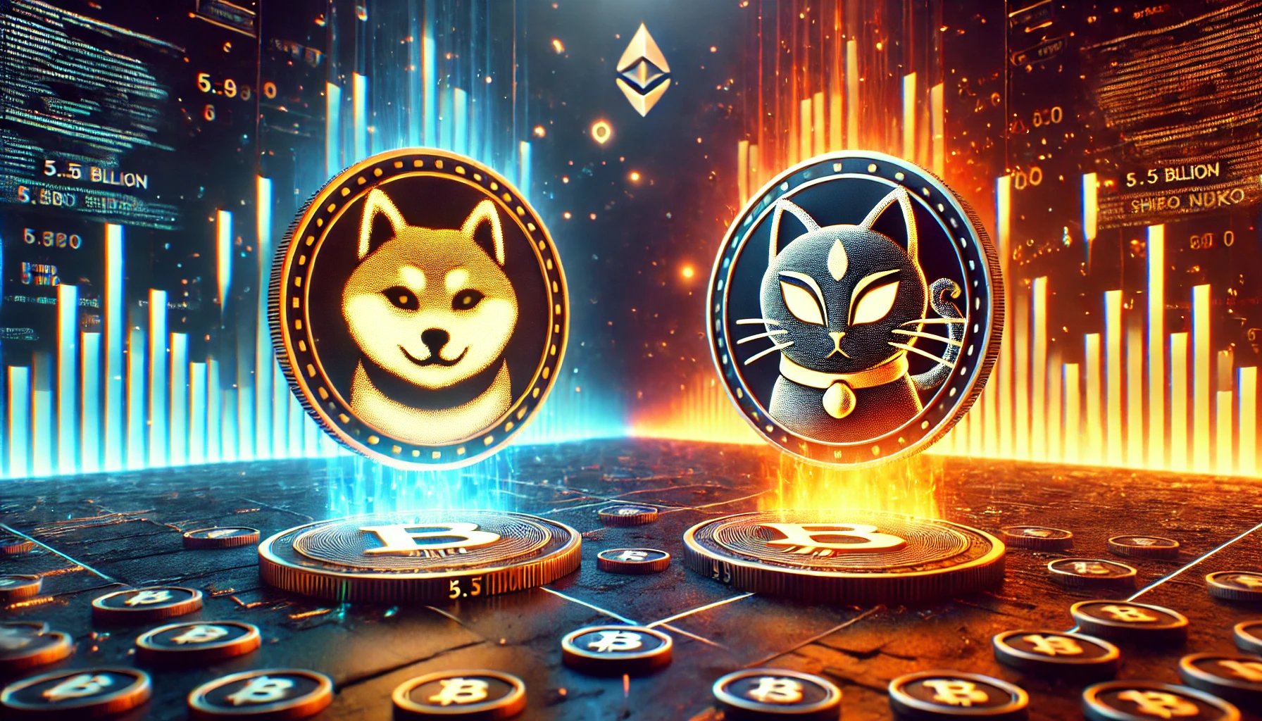 showing a futuristic digital landscape with cryptocurrency symbols like Shiba Inu dog emblem and Shiro Neko cat emblem