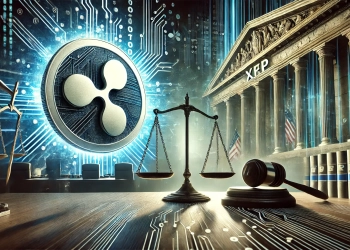 symbolizing the legal battle between Ripple and the SEC. The scene shows the Ripple XRP logo on one side and a symboli