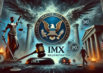 symbolizing the regulatory scrutiny faced by Immutable and its IMX tokens. The scene includes the IMX logo alongside symbols of the U