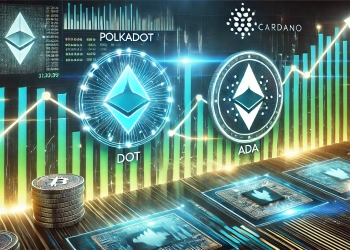 the competition between Polkadot DOT and Cardano ADA in the cryptocurrency market. Display both the Polkadot and Cardano