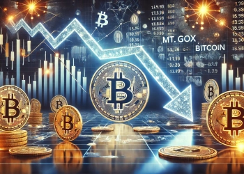 the impact of Mt. Gox Bitcoin transfers on the cryptocurrency market. Show a digital scene with Bitcoin symbols and a downward