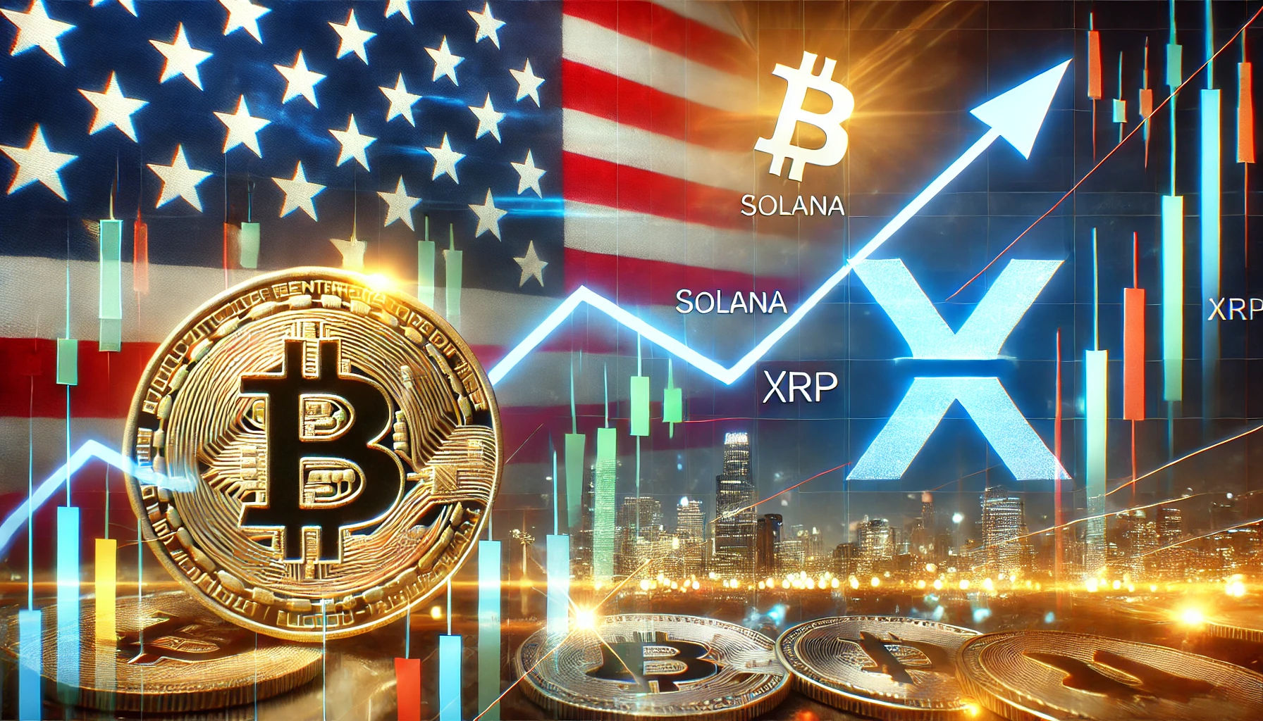 the impact of U.S. politics on the cryptocurrency market showing symbols for Bitcoin Solana and XRP with subtle references