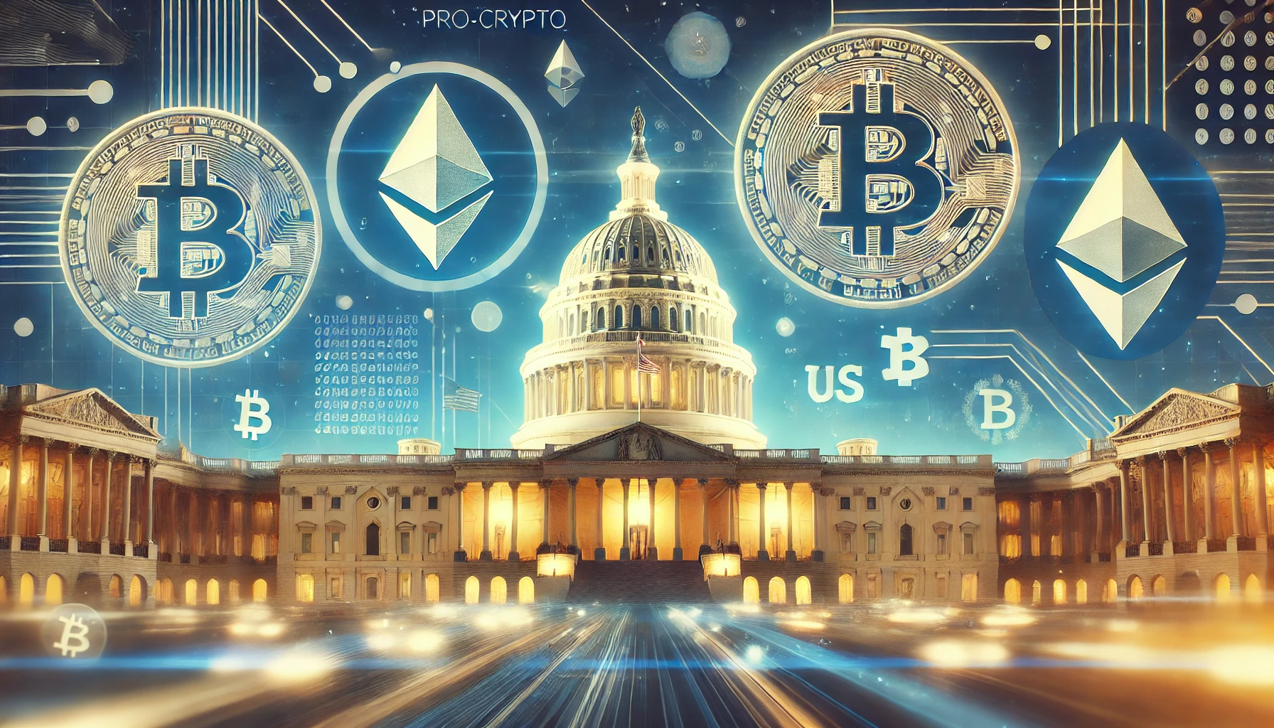 the impact of pro crypto policies on the cryptocurrency industry in the United States. Show symbols of popular digital curre