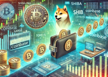 the large transfer of Shiba Inu SHIB tokens to Coinbase. The image features SHIB and Coinbase logos with visual elements