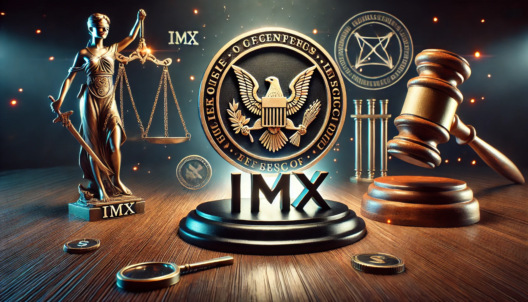 the legal scrutiny of the IMX token by the U.S. SEC. The scene features the IMX logo in a central position with symbolic