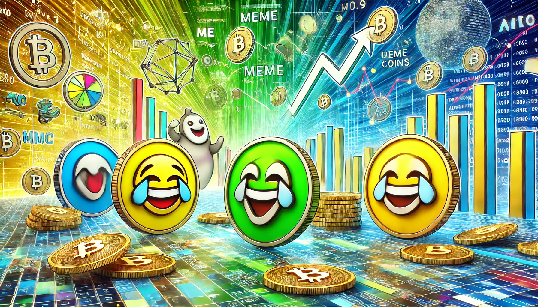 the playful and community driven nature of meme coins in the cryptocurrency market. The scene includes symbols of popular me