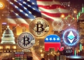 the potential impact of U.S. political outcomes on the cryptocurrency market. Show prominent symbols for Bitcoin Solana and X