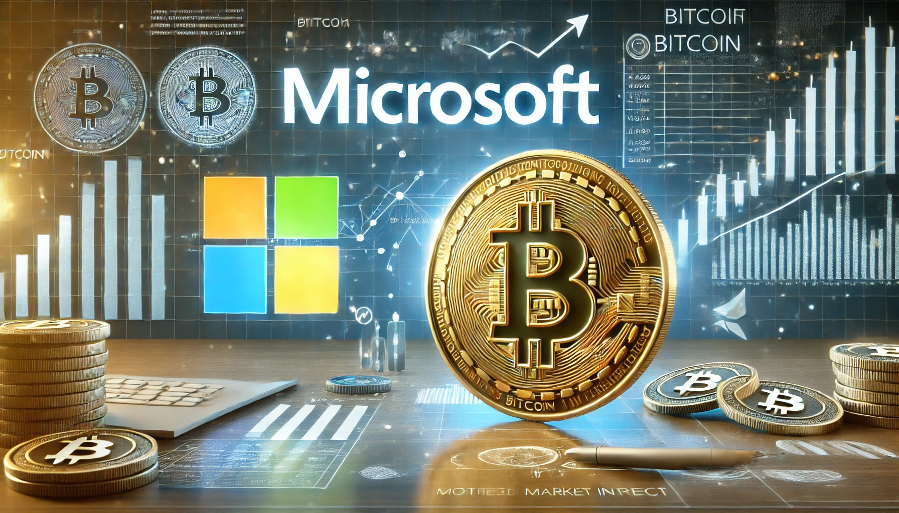 the potential of Microsoft investing in Bitcoin. Show the Bitcoin symbol alongside the Microsoft logo with digital financia