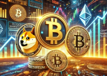 the recent cryptocurrency rally led by Bitcoin Dogecoin and Ethereum. The scene includes prominent symbols of Bitcoin Dogec