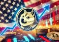 the recent surge of Dogecoin DOGE amidst U.S. election anticipation. Display Dogecoins logo prominently with upward arrows i