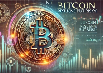 the risks and resilience of Bitcoin featuring a prominent Bitcoin symbol with elements indicating both growth and caution