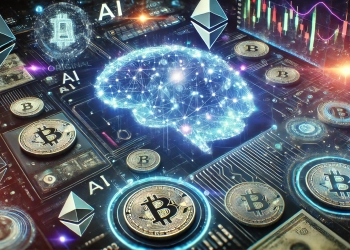 AI in crypto trading. The design features a futuristic AI brain hologram seamlessly integrated with