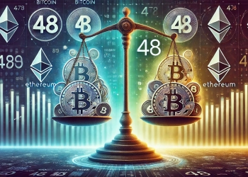 Altcoin Season Index at 48. The image features a balanced scale with Bitcoin on one side and various altco