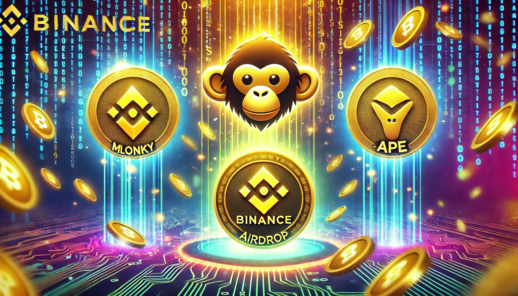 Binance is MONKY airdrop for FLOKI and ApeCoin APE holders. The image includes glowing FLOKI and APE