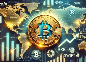 Bitcoin is adoption as a strategic reserve. The image features a glowing golden Bitcoin coin prominently placed surrounde