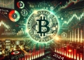 Bitcoin is market dynamics for 2024 showcasing a futuristic theme. The image includes a large glowing Bitcoin s