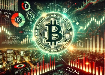 Bitcoin is market dynamics for 2024 showcasing a futuristic theme. The image includes a large glowing Bitcoin s