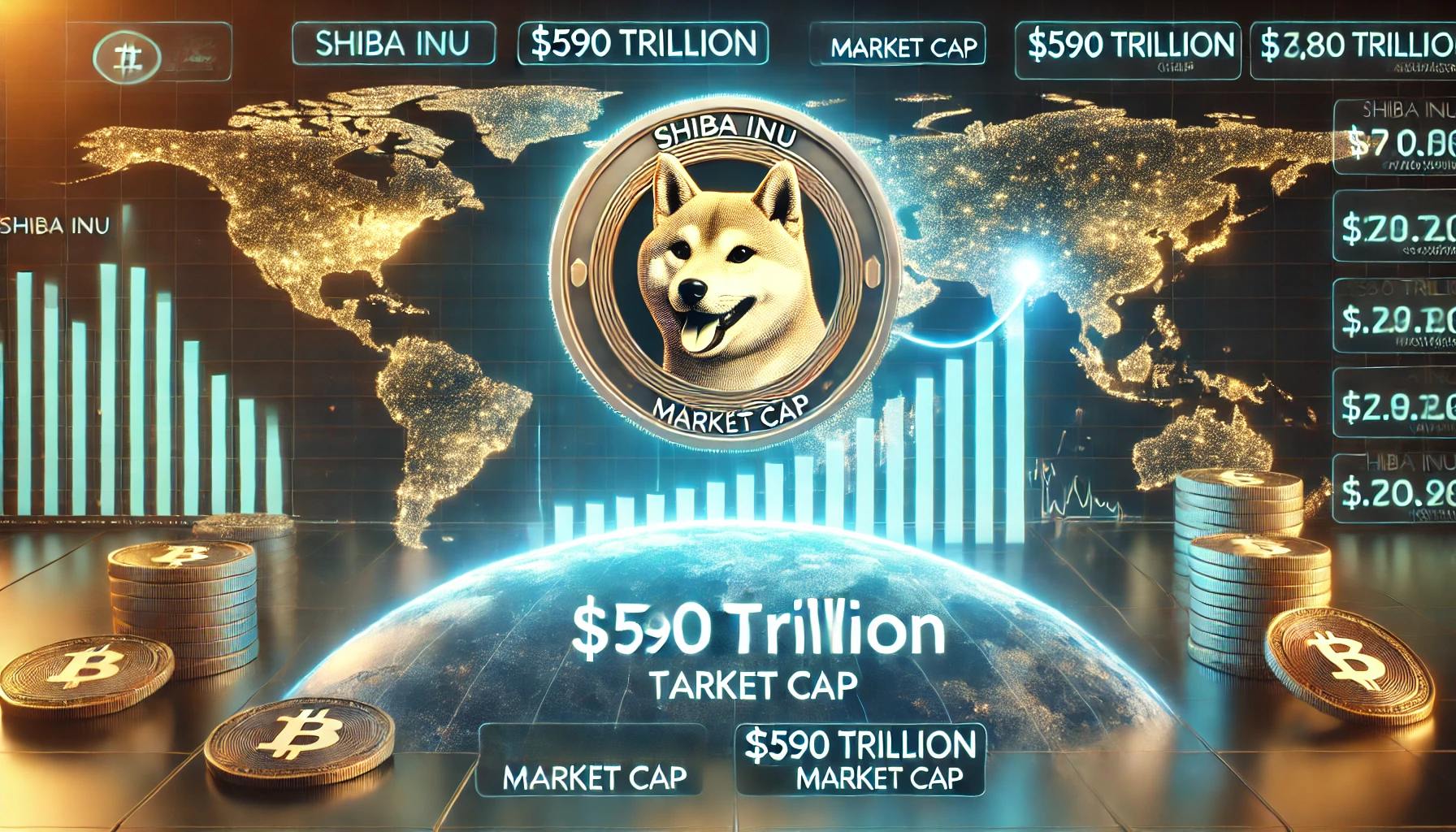 DALL·E 2024 12 05 14.15.49 A futuristic digital concept of Shiba Inu coin with a 590 trillion market cap showing a digital graph with a rising price chart surrounded by a wor