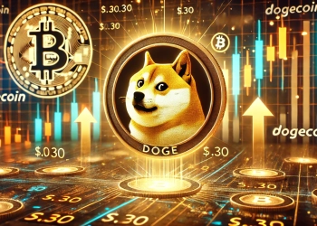 Dogecoin DOGE price analysis. The scene features a glowing Dogecoin logo placed prominently above a digital tradi