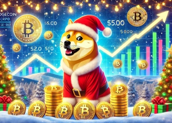 Dogecoin is Shiba Inu mascot dressed as Santa Claus surrounded by a snowy landscape and glowing Dogecoin c