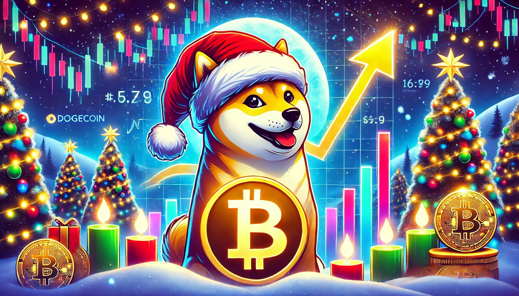 Dogecoin is mascot a Shiba Inu in a Santa hat symbolizing the potential Santa Rally in December. The image inclu