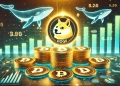 Dogecoin whale activity and market recovery. The design prominently features a glowing Dogecoin