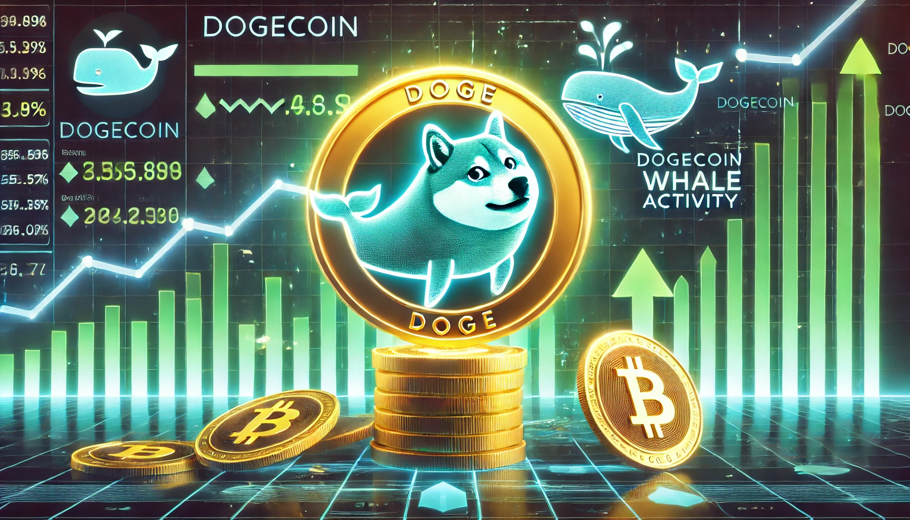 Dogecoin whale activity. The image features a glowing Dogecoin DOGE logo with large digital coin stac