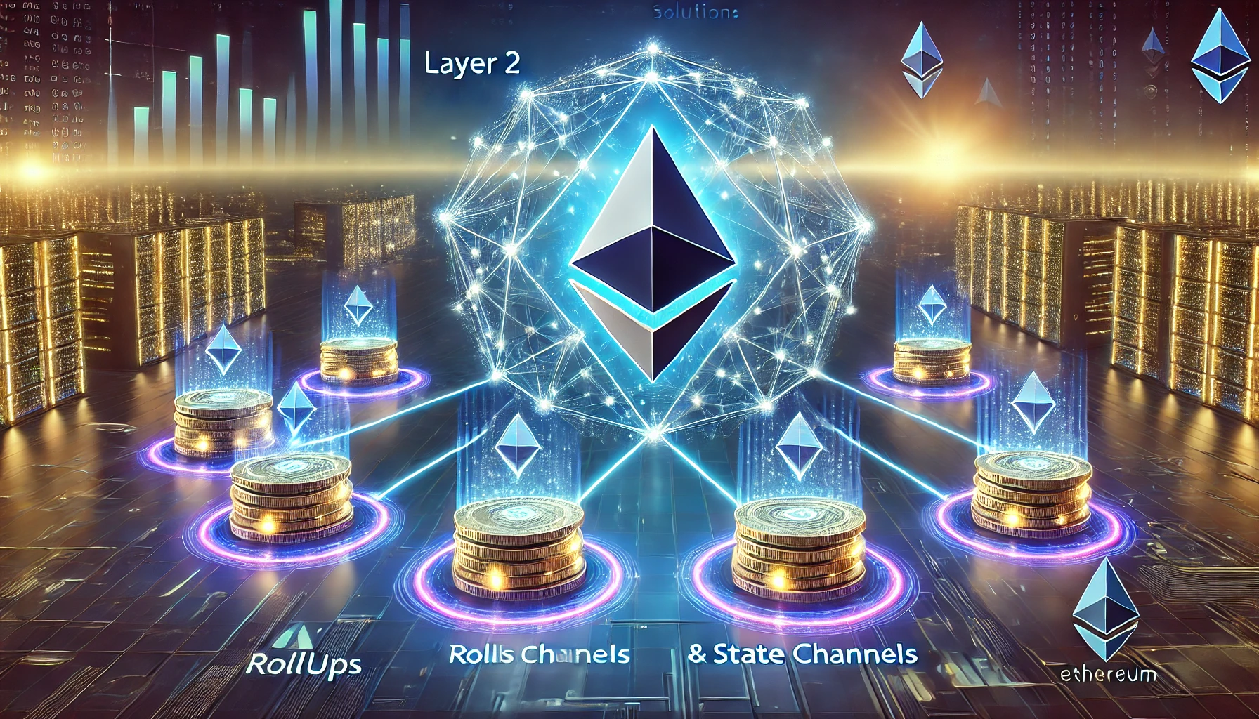 Ethereum Layer 2 solutions and blockchain scalability. The scene features interconnected glowing blockchain nodes