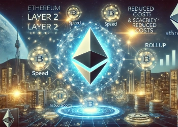 Ethereum Layer 2 solutions with glowing blockchain elements and rollup technology. The Ethereum logo is cent