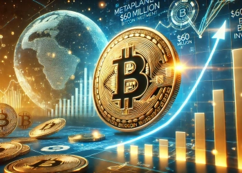 Metaplanet is 60 million Bitcoin investment. The image features a glowing Bitcoin coin prominently displayed