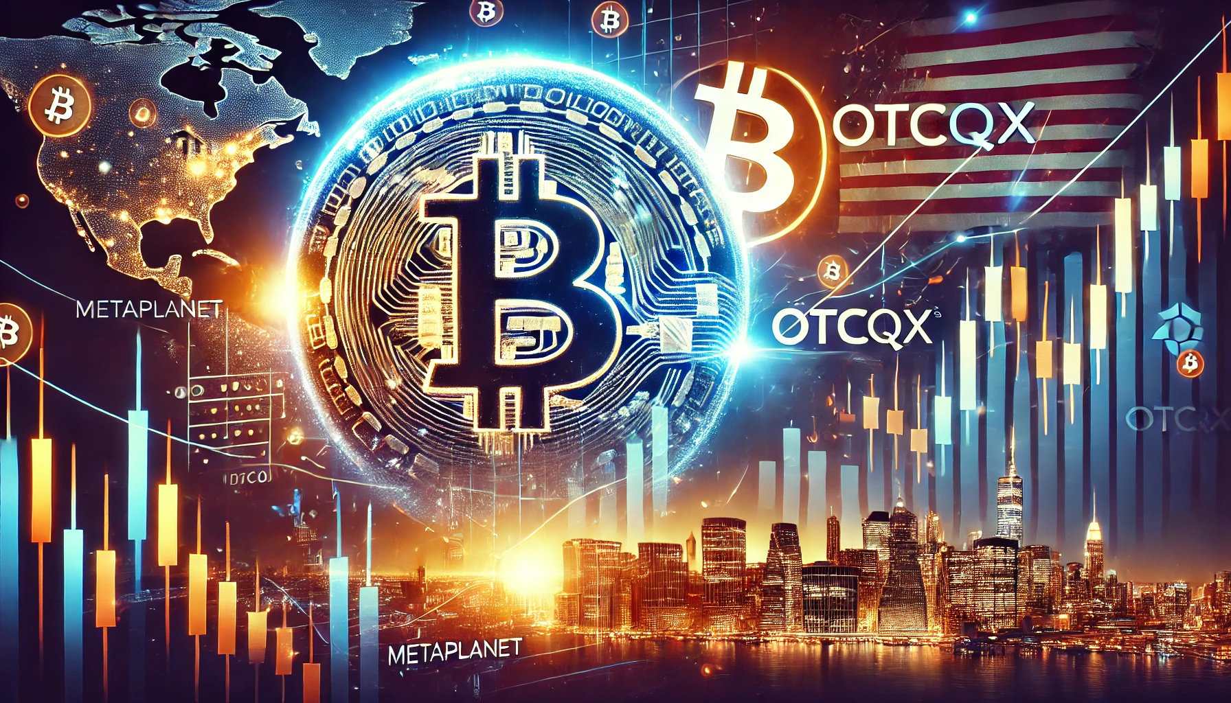 Metaplanet is entry into the U.S. market and its Bitcoin strategy. The image features elements like