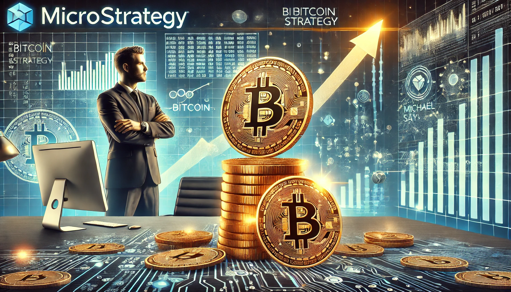 MicroStrategy is ambitious Bitcoin strategy. The image features a bold depiction of a stack of Bitcoin