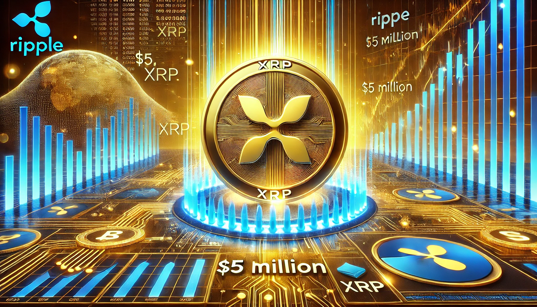 Ripple is 5 million XRP donation with a focus on cryptocurrency and financial influence. The image includes a g