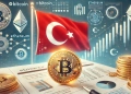 Turkish flag prominently alongside symbols of Bitcoin and other cryptocurrencies such as Ether