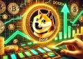 around Dogecoin DOGE and the possibility of a Dogecoin ETF. The design features a glowing Dogecoin logo upward