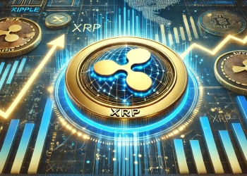 around Ripple and XRP. The design features a large glowing XRP coin at the center surrounded by futuristic finan