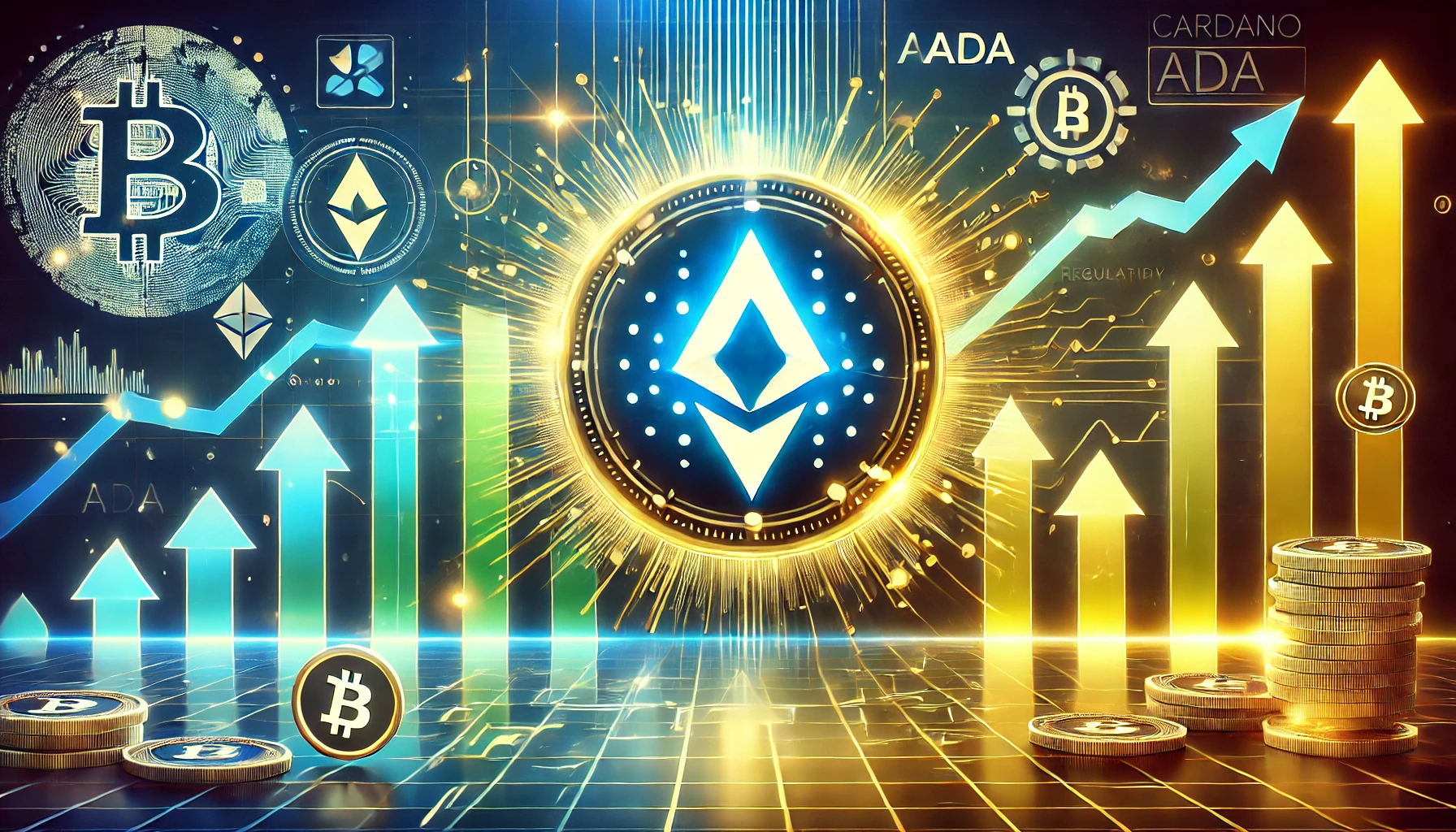 artwork showcasing Cardano ADA gearing up for a new all time high. The image features the glowing ADA logo at the c