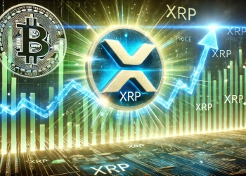 artwork showcasing the potential price surge of XRP in the cryptocurrency market. The image features a glowing XRP logo with upward