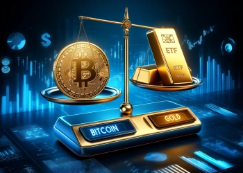 comparing Bitcoin ETFs and Gold ETFs. The composition features a Bitcoin symbol and a gold bar balance