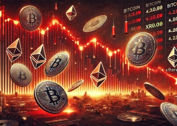 crypto market crash featuring falling Bitcoin Ethereum and XRP symbols against a backdrop of a steeply declini