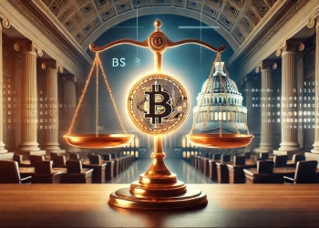 cryptocurrency and U.S. policy. The design features a glowing Bitcoin symbol on one side of a balance sca