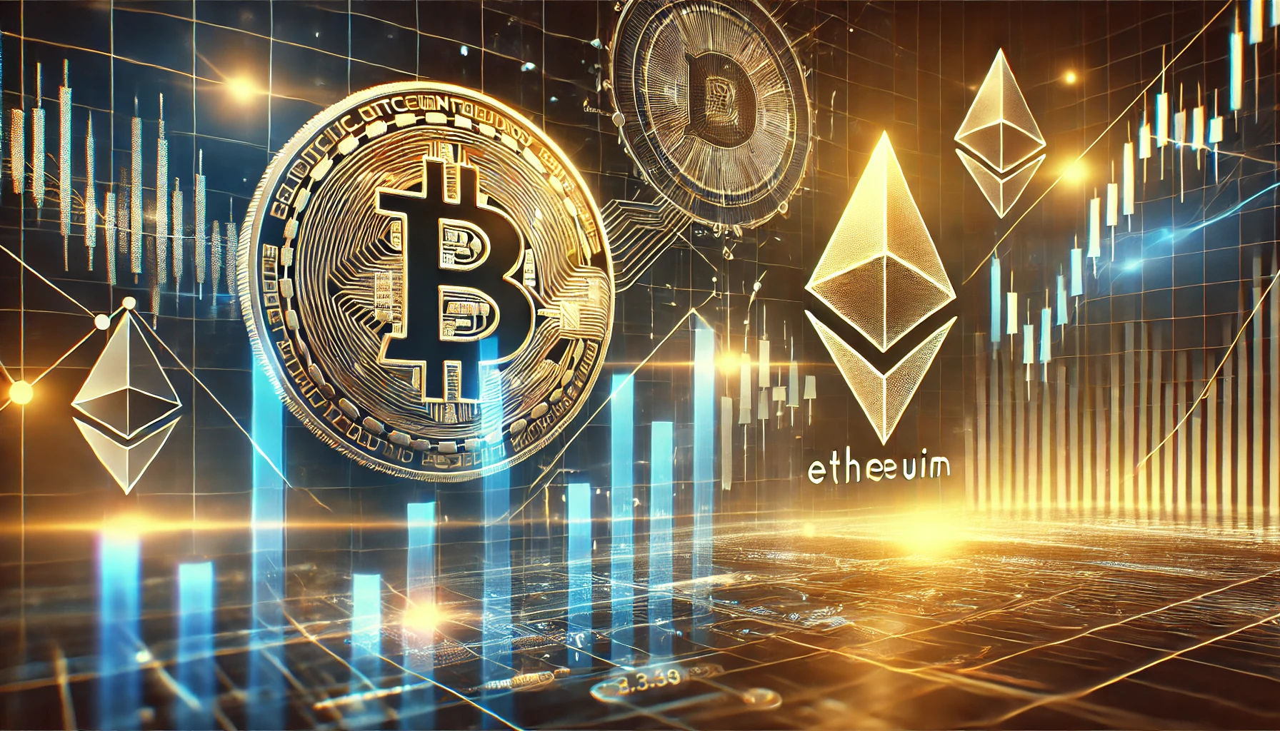 cryptocurrency article featuring Bitcoin and Ethereum logos with an overlay of a detailed financial cha