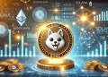 cryptocurrency theme featuring a shiny BONK coin with a dog mascot logo surrounded by digita