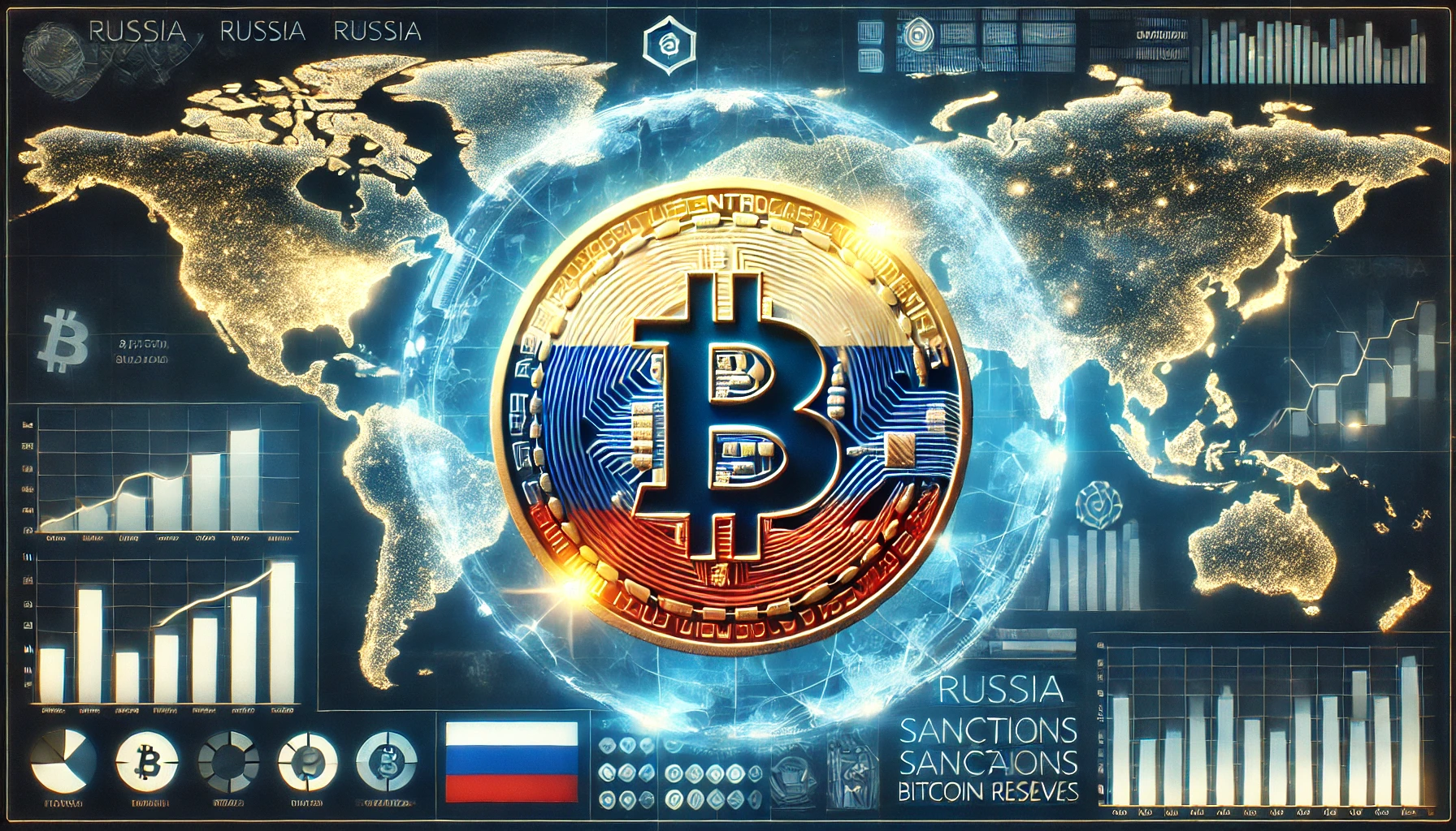 depicting Russia is exploration of Bitcoin reserves. The image features the Russian flag subtly integrated with a glo