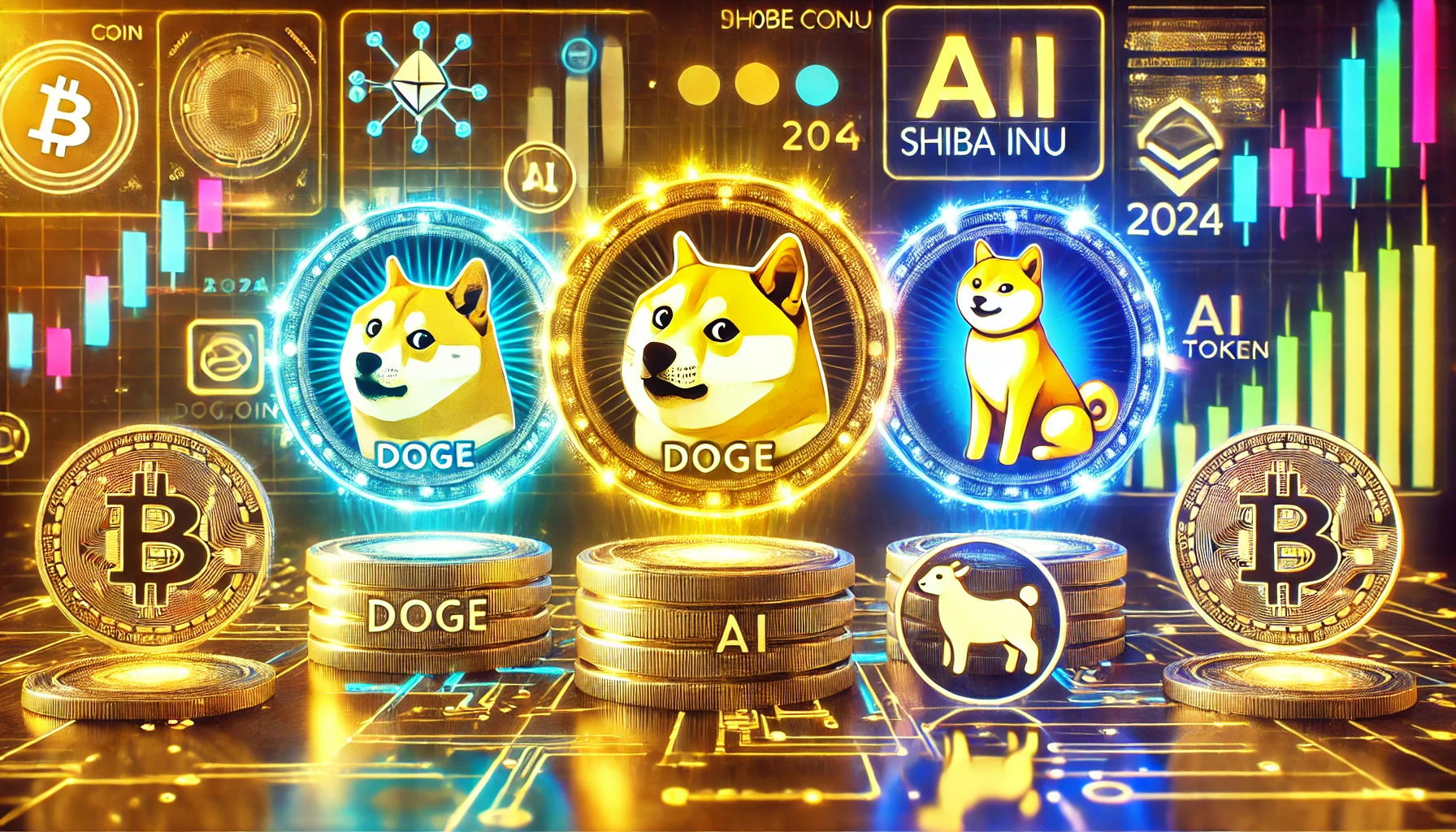 dominance of meme coins and AI tokens in the crypto market for 2024. The image features glowing logos of Dogecoin