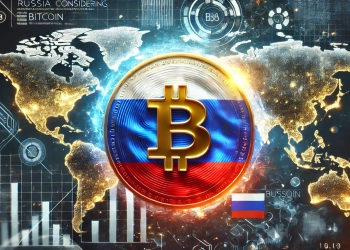 emphasizing the Russian flag in the foreground with a large glowing Bitcoin coin partially overlapping it. The backgr