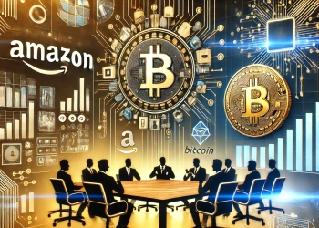 featuring Amazon and Bitcoin integration. Highlight the Amazon logo and Bitcoin symbol prominently with el