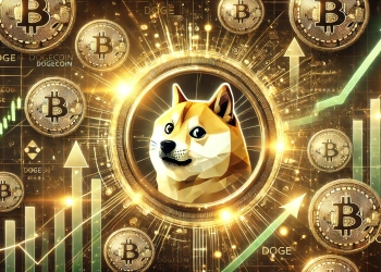 featuring Dogecoin DOGE in a futuristic cryptocurrency setting. The image includes a glowing Dogecoin logo surro