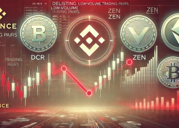 illustrating Binance delisting low volume trading pairs. The design includes the Binance logo a trading chart wi